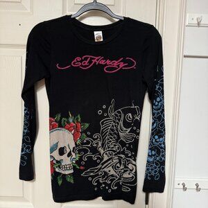 Ed Hardy Skull Crystal Pattern Long Sleeve Shirt Size S